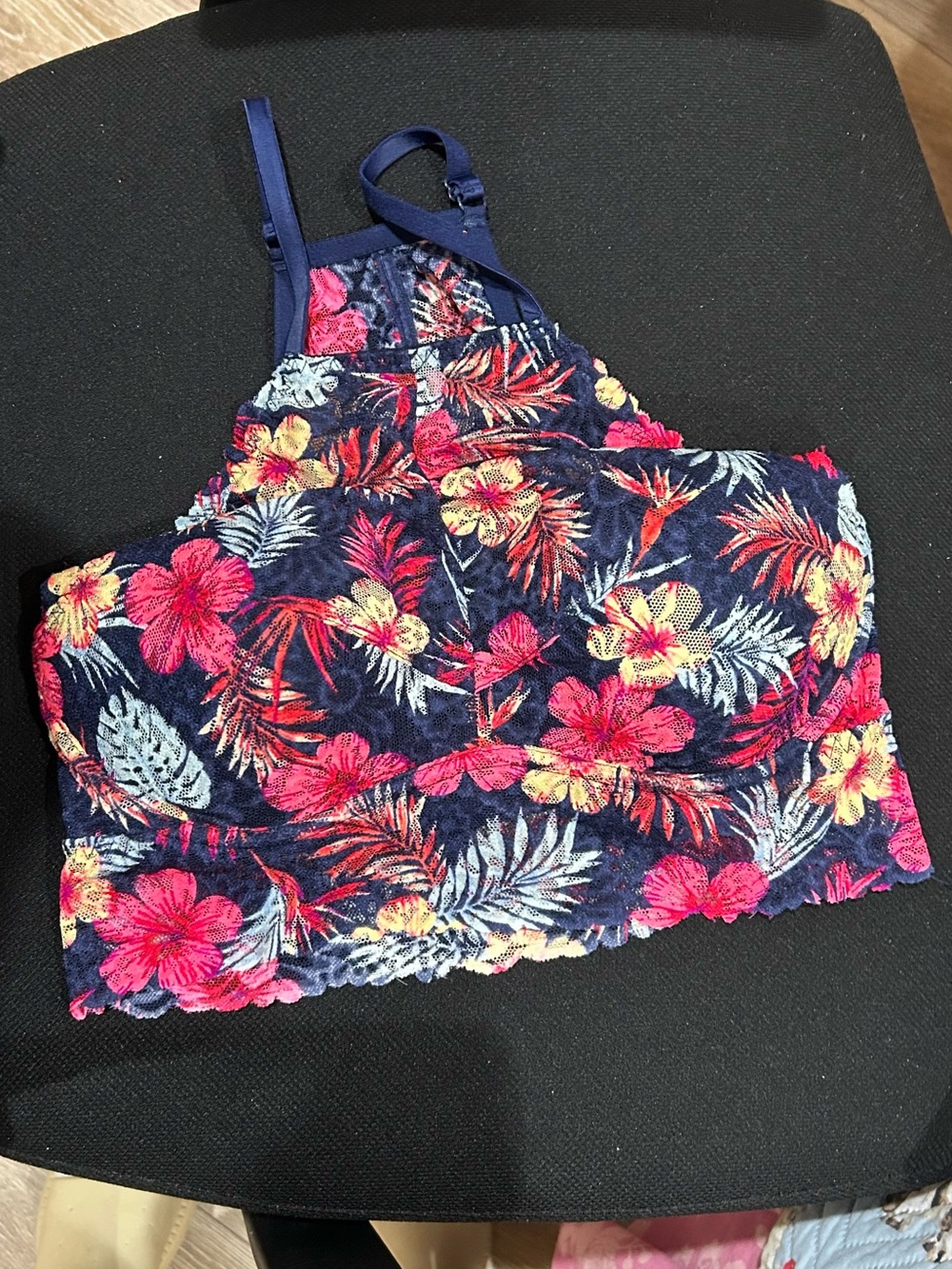 PINK Victoria's Secret Navy Floral Lace Bralette with Pink & Yellow Accents
